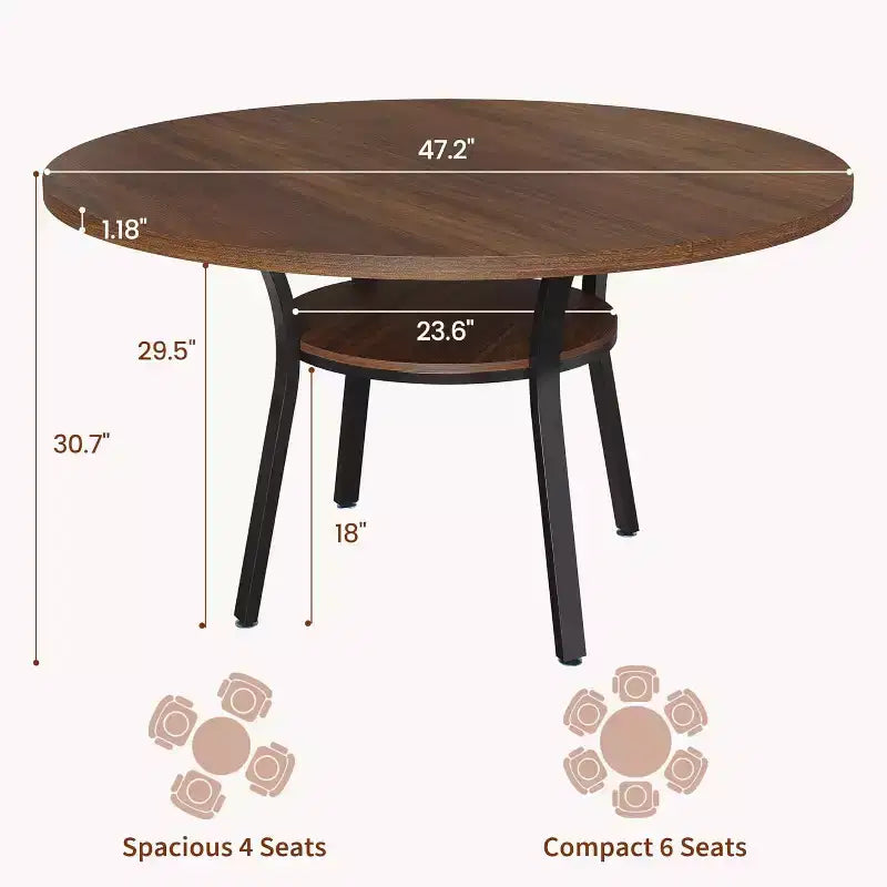 47-Inch Round Dining Table with Storage Shelf and Metal Legs