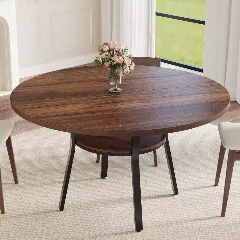 47-Inch Round Dining Table with Storage Shelf and Metal Legs