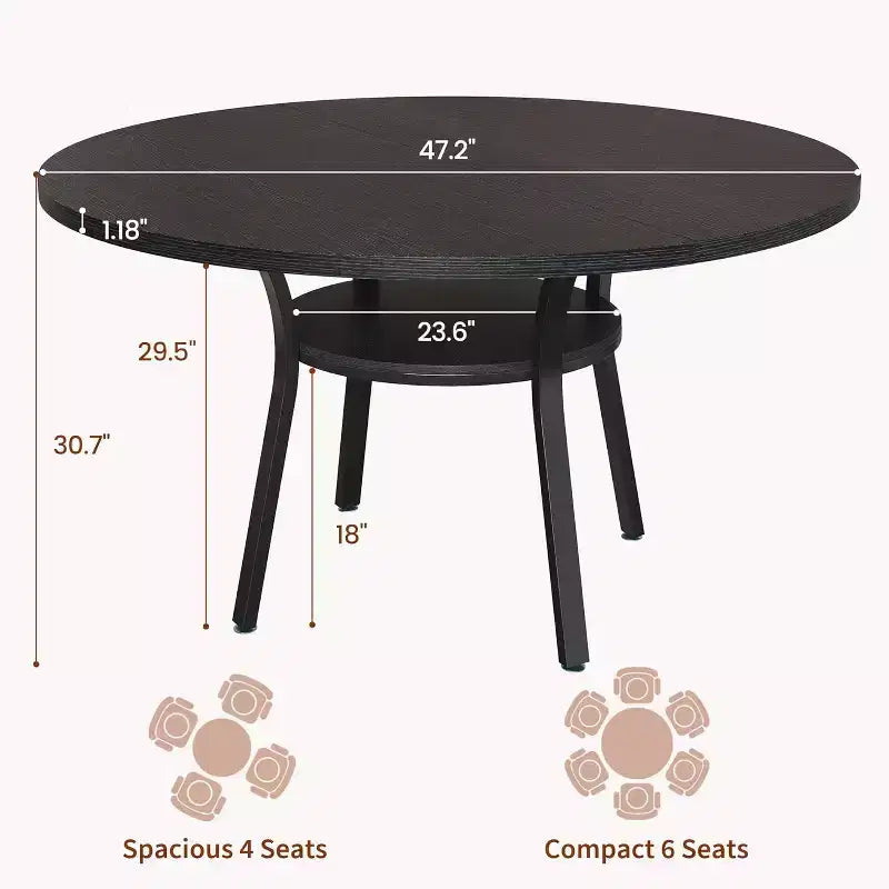 47-Inch Round Dining Table with Storage Shelf and Metal Legs