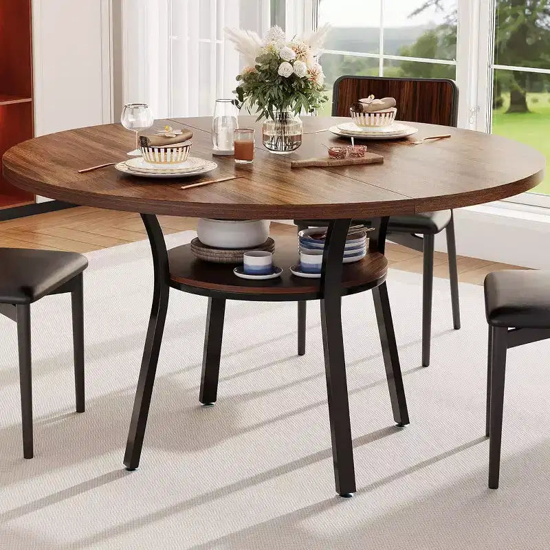 47-Inch Round Dining Table with Storage Shelf and Metal Legs