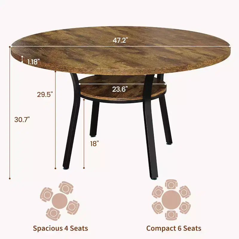 47-Inch Round Dining Table with Storage Shelf and Metal Legs