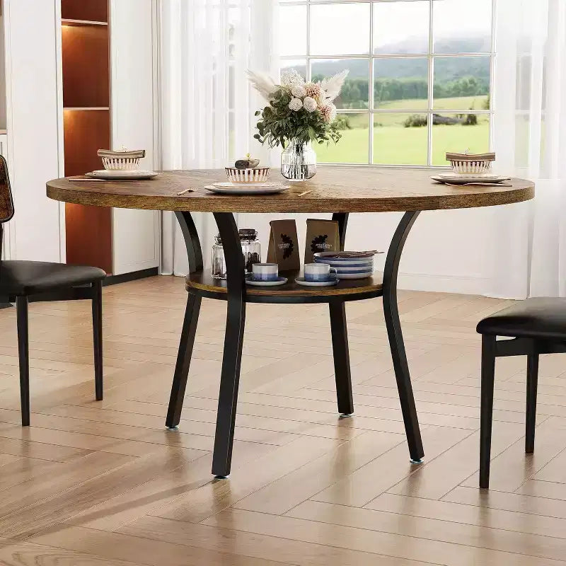 47-Inch Round Dining Table with Storage Shelf and Metal Legs