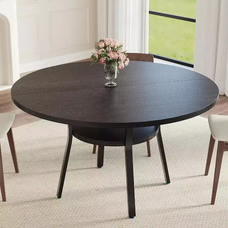 47-Inch Round Dining Table with Storage Shelf and Metal Legs