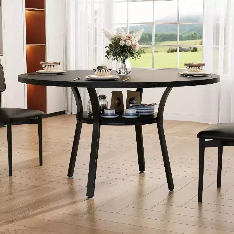 47-Inch Round Dining Table with Storage Shelf and Metal Legs