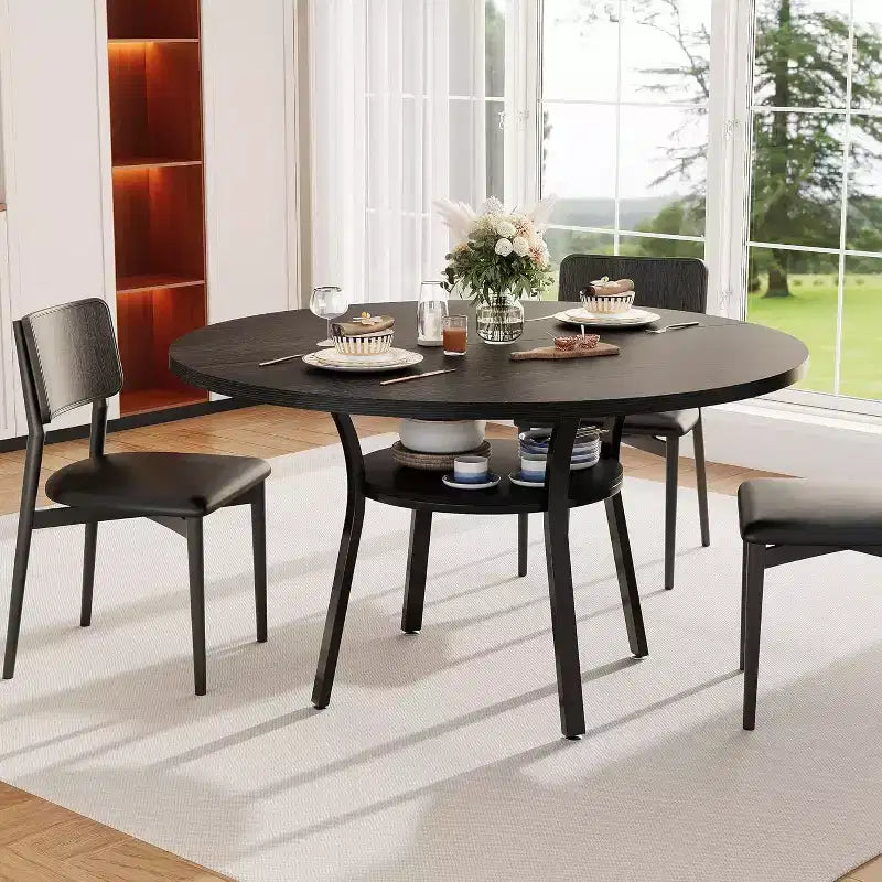 47-Inch Round Dining Table with Storage Shelf and Metal Legs