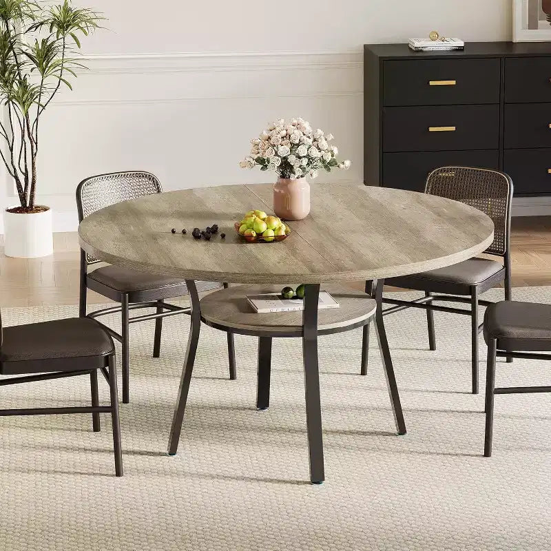47-Inch Round Dining Table with Storage Shelf and Metal Legs