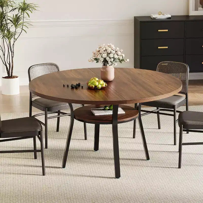 47-Inch Round Dining Table with Storage Shelf and Metal Legs