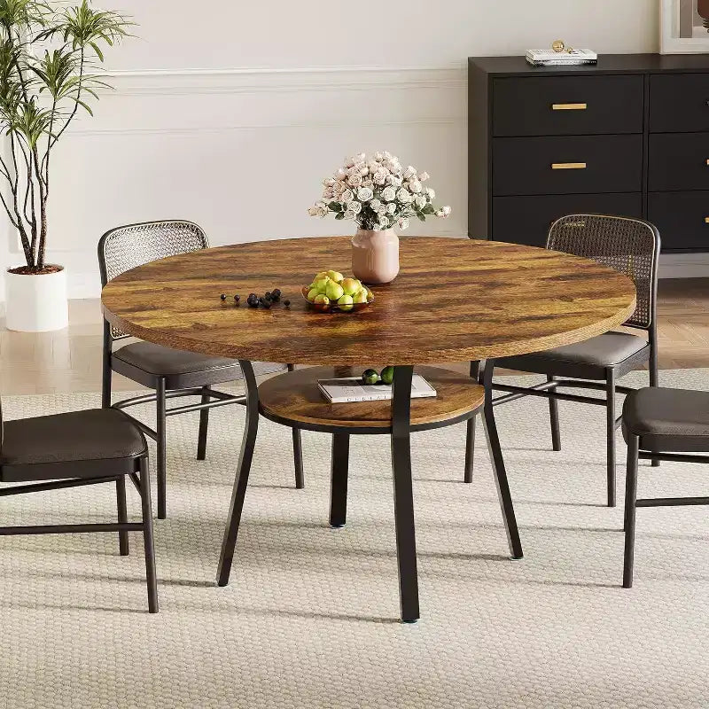 47-Inch Round Dining Table with Storage Shelf and Metal Legs