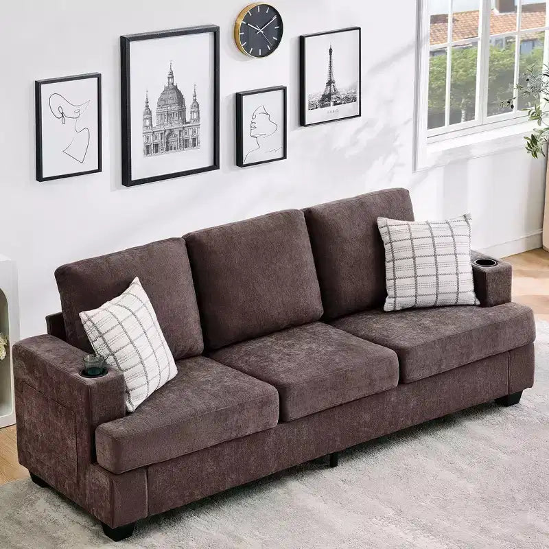 89-Inch 3-Seater Chenille Sofa with Cup Holders and Storage Pockets