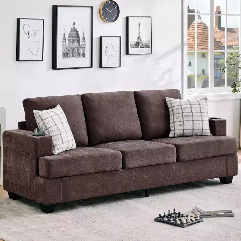 89-Inch 3-Seater Chenille Sofa with Cup Holders and Storage Pockets