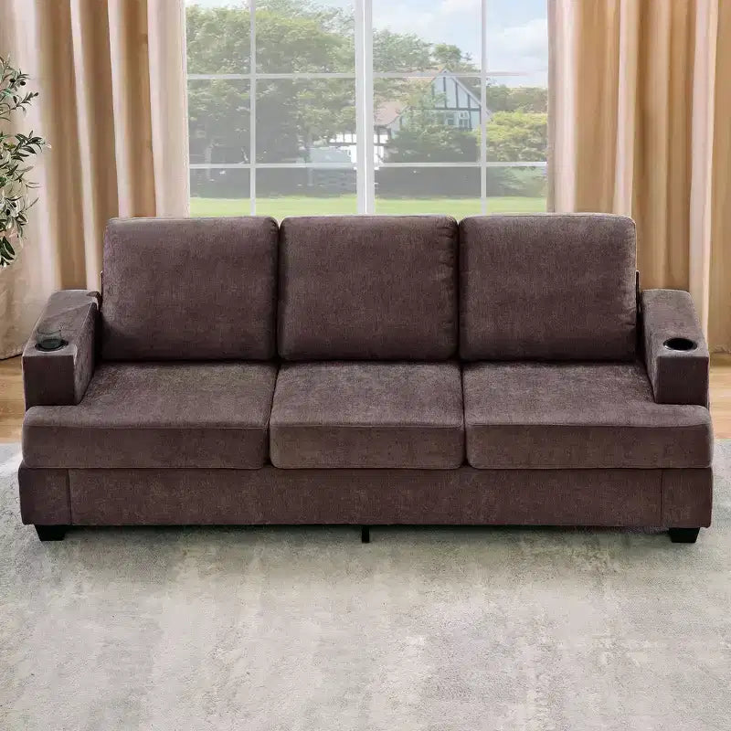 89-Inch 3-Seater Chenille Sofa with Cup Holders and Storage Pockets