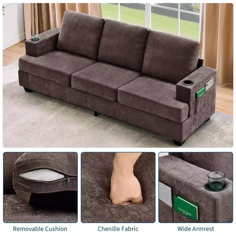 89-Inch 3-Seater Chenille Sofa with Cup Holders and Storage Pockets