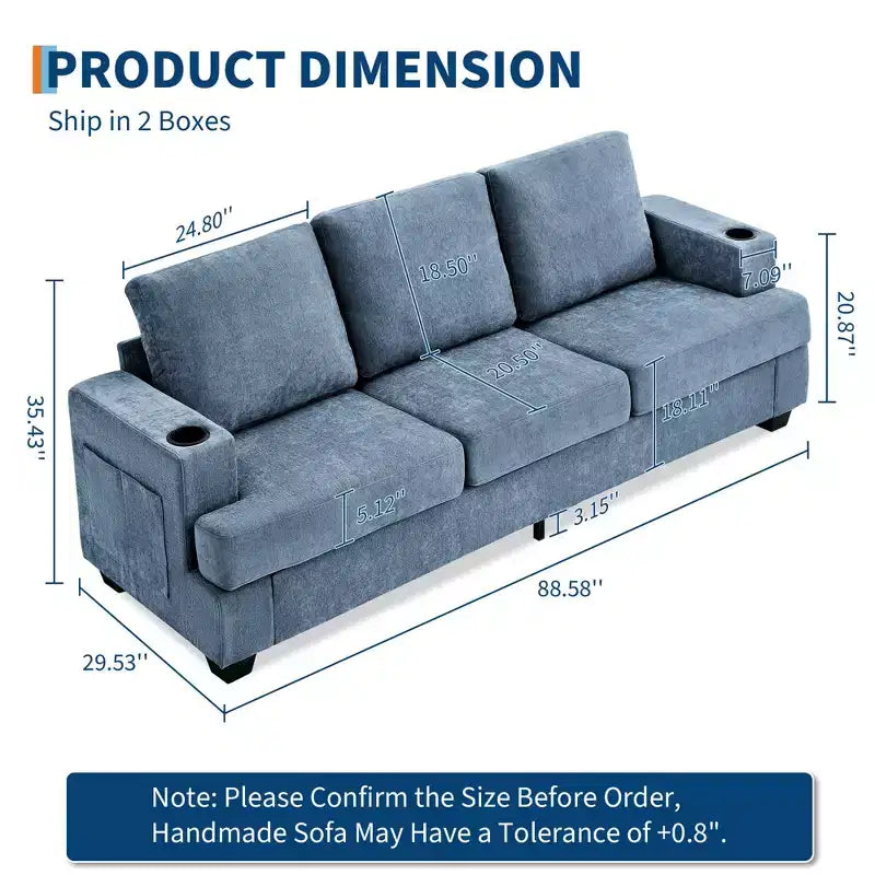 89-Inch 3-Seater Chenille Sofa with Cup Holders and Storage Pockets