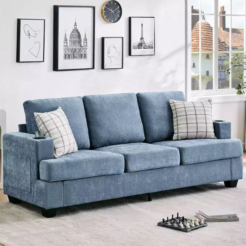 89-Inch 3-Seater Chenille Sofa with Cup Holders and Storage Pockets