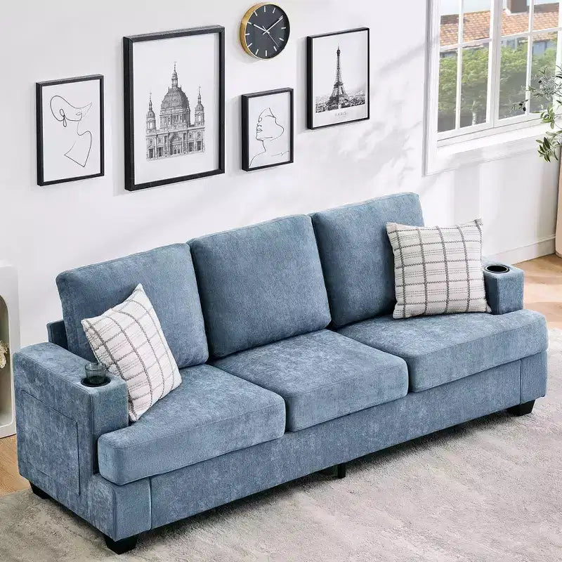 89-Inch 3-Seater Chenille Sofa with Cup Holders and Storage Pockets