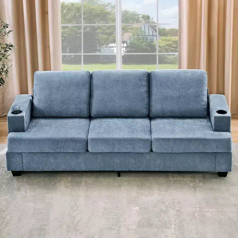 89-Inch 3-Seater Chenille Sofa with Cup Holders and Storage Pockets