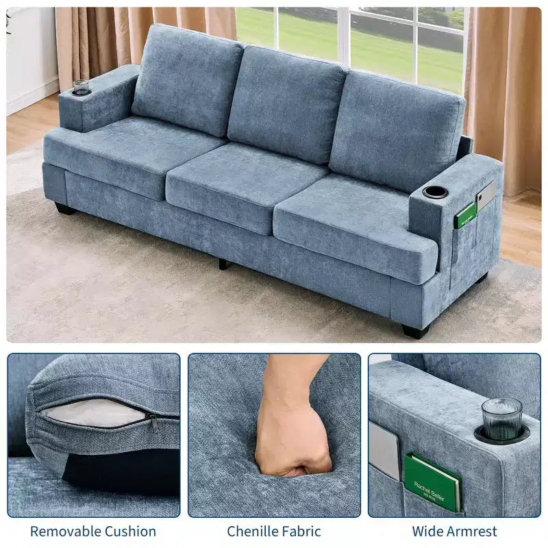 89-Inch 3-Seater Chenille Sofa with Cup Holders and Storage Pockets