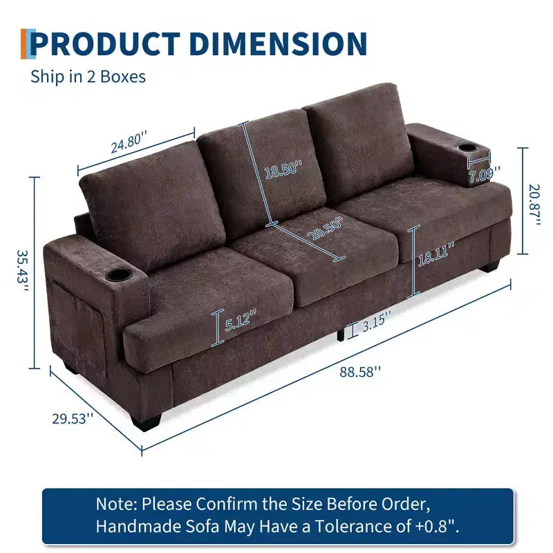 89-Inch 3-Seater Chenille Sofa with Cup Holders and Storage Pockets