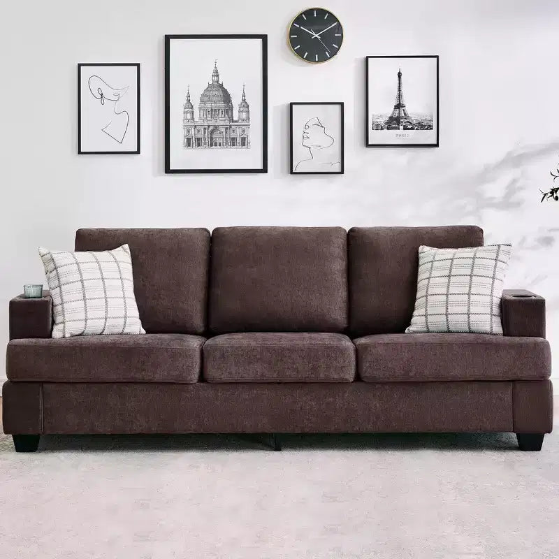 89-Inch 3-Seater Chenille Sofa with Cup Holders and Storage Pockets