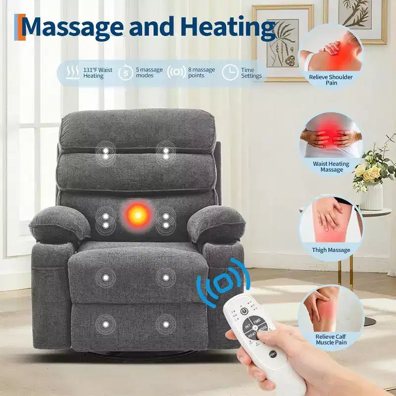 Massage Rocker Recliner Chair with 8-Point Vibration, Swivel, Linen Fabric, Cup Holders, 400 lbs Capacity