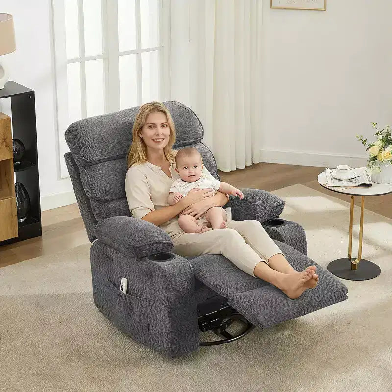 Massage Rocker Recliner Chair with 8-Point Vibration, Swivel, Linen Fabric, Cup Holders, 400 lbs Capacity