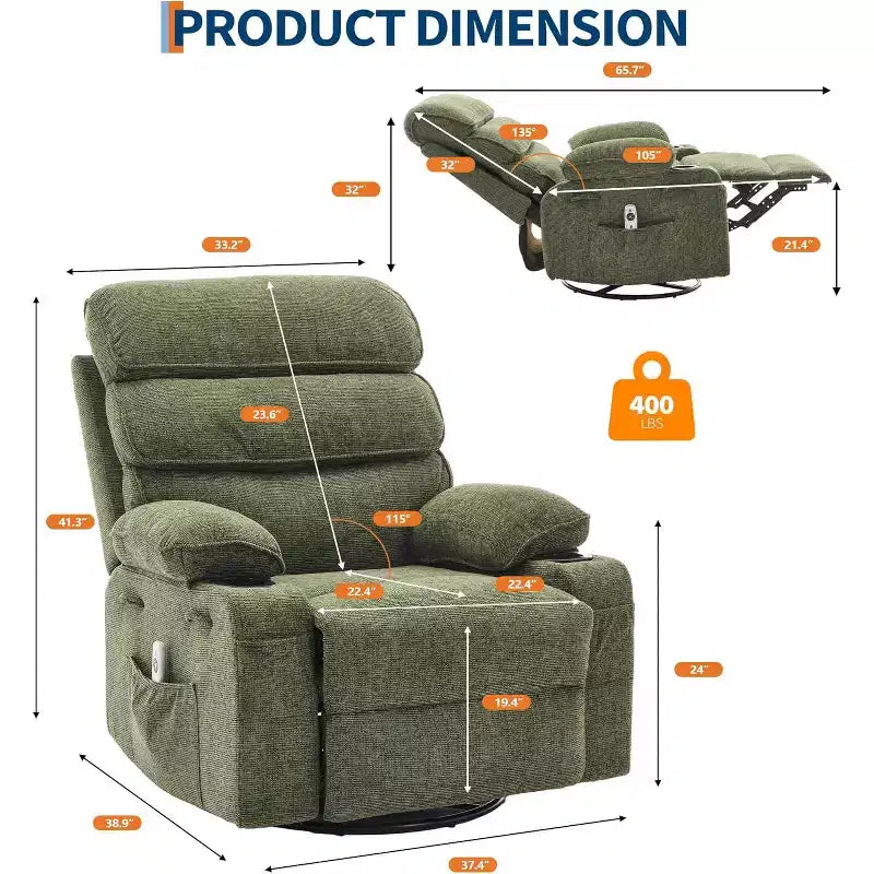 Massage Rocker Recliner Chair with 8-Point Vibration, Swivel, Linen Fabric, Cup Holders, 400 lbs Capacity