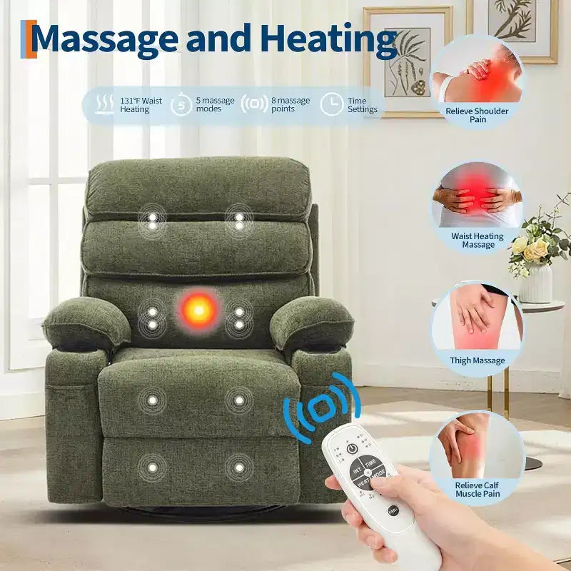 Massage Rocker Recliner Chair with 8-Point Vibration, Swivel, Linen Fabric, Cup Holders, 400 lbs Capacity