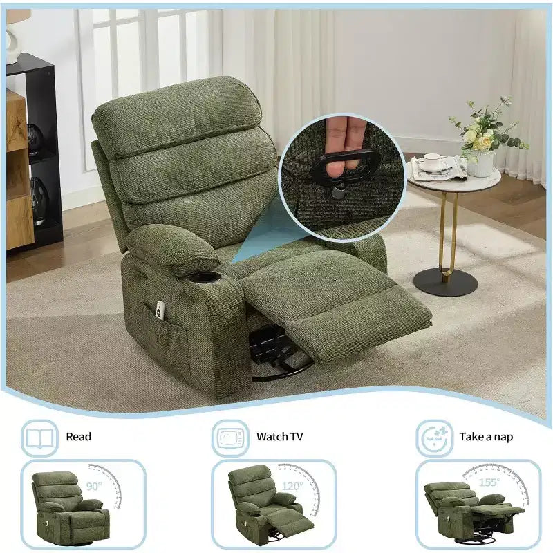 Massage Rocker Recliner Chair with 8-Point Vibration, Swivel, Linen Fabric, Cup Holders, 400 lbs Capacity