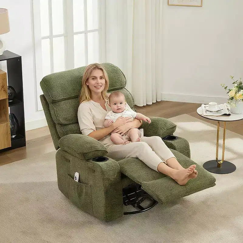 Massage Rocker Recliner Chair with 8-Point Vibration, Swivel, Linen Fabric, Cup Holders, 400 lbs Capacity