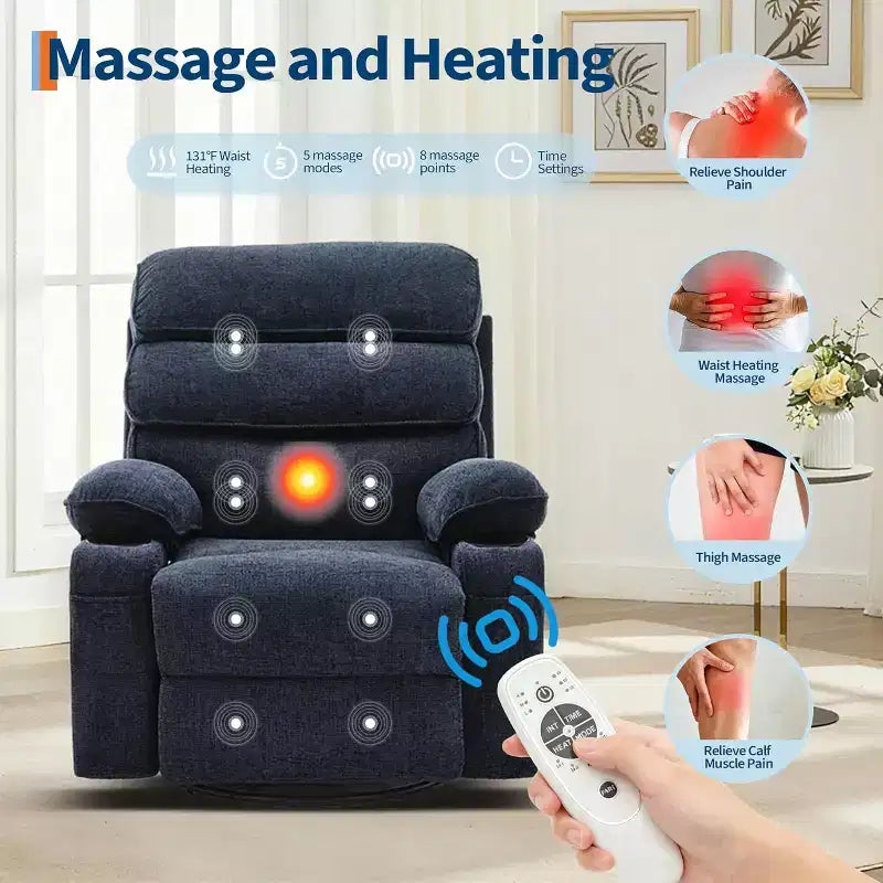 Massage Rocker Recliner Chair with 8-Point Vibration, Swivel, Linen Fabric, Cup Holders, 400 lbs Capacity