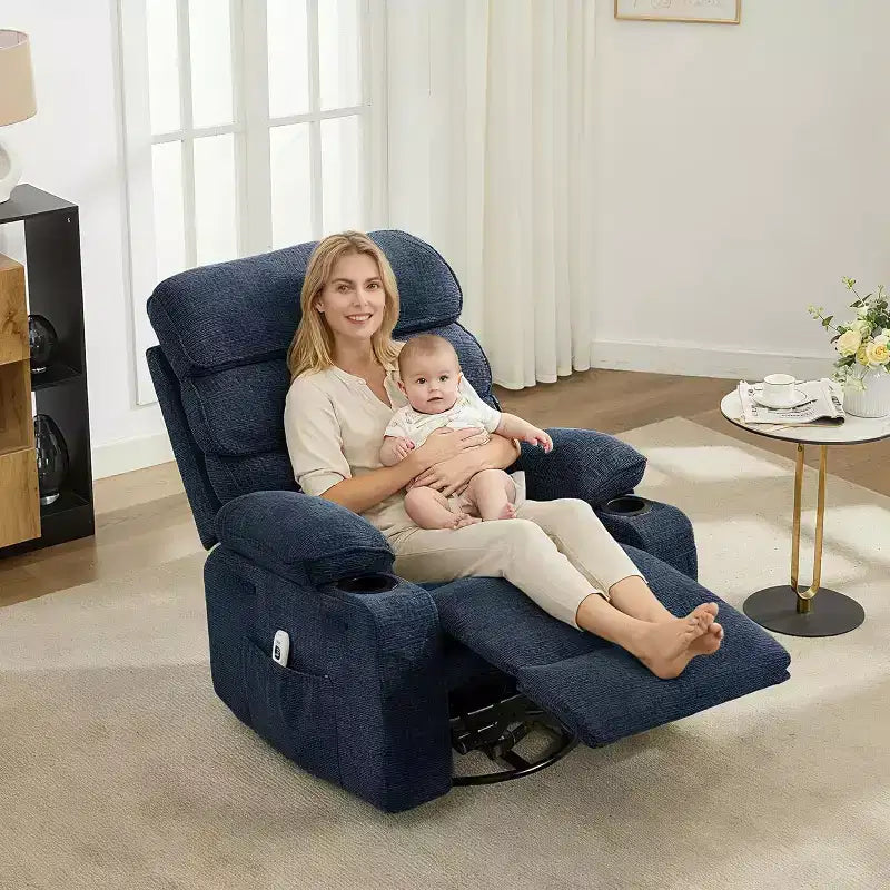 Massage Rocker Recliner Chair with 8-Point Vibration, Swivel, Linen Fabric, Cup Holders, 400 lbs Capacity