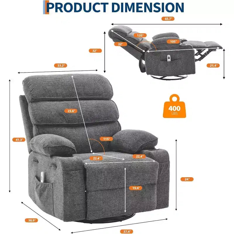 Massage Rocker Recliner Chair with 8-Point Vibration, Swivel, Linen Fabric, Cup Holders, 400 lbs Capacity