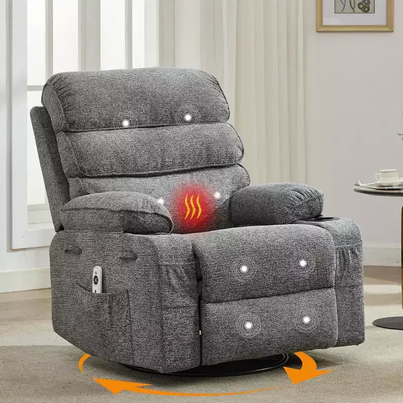 Massage Rocker Recliner Chair with 8-Point Vibration, Swivel, Linen Fabric, Cup Holders, 400 lbs Capacity