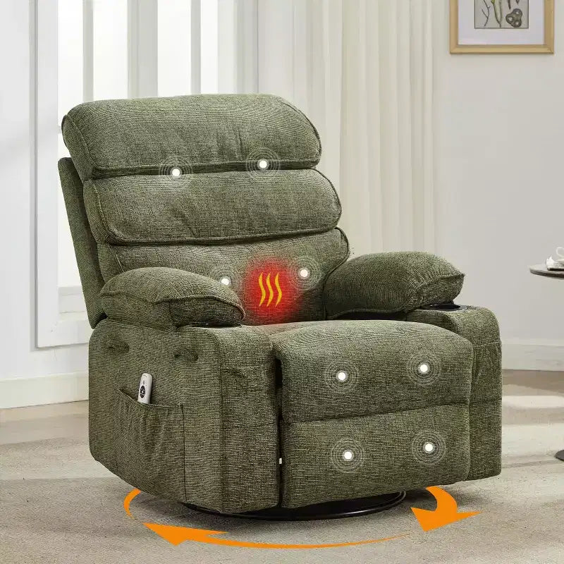 Massage Rocker Recliner Chair with 8-Point Vibration, Swivel, Linen Fabric, Cup Holders, 400 lbs Capacity