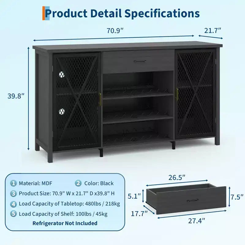 71" Coffee Bar Cabinet with Fridge Space, Wine Rack and Drawers – Black Wood & Metal