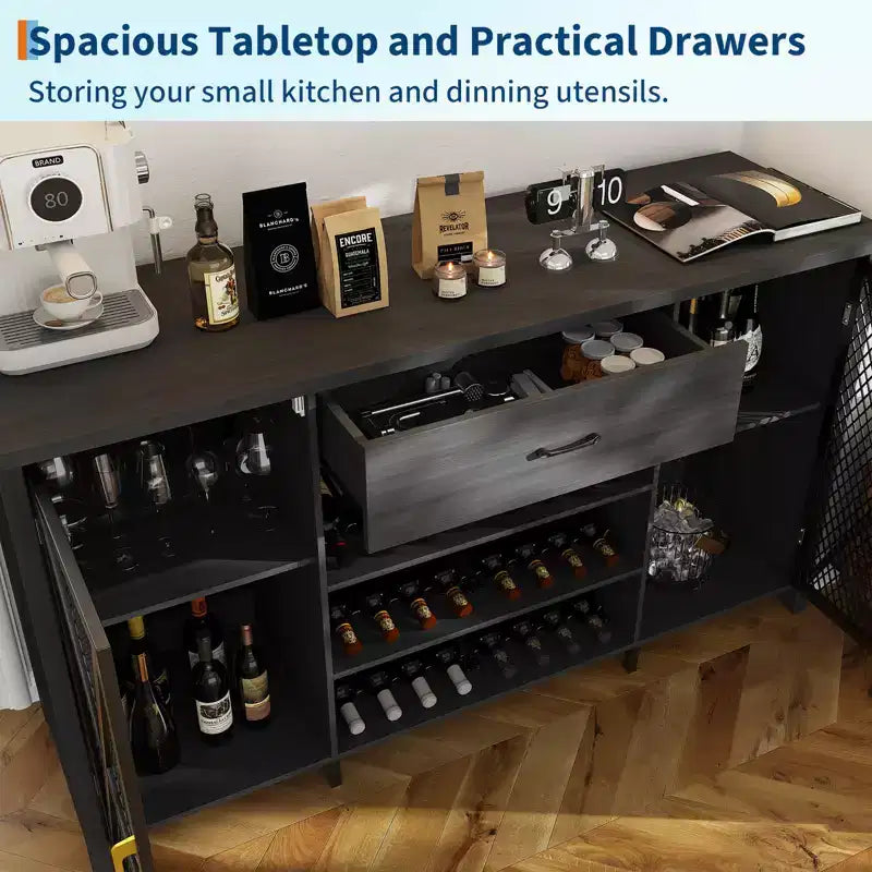 71" Coffee Bar Cabinet with Fridge Space, Wine Rack and Drawers – Black Wood & Metal