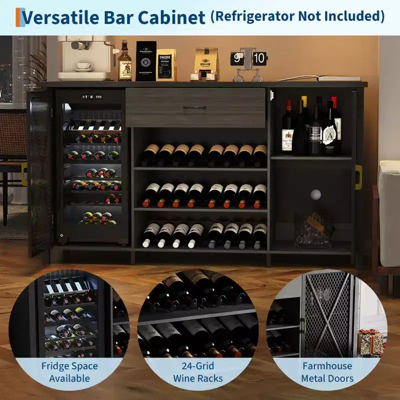 71" Coffee Bar Cabinet with Fridge Space, Wine Rack and Drawers – Black Wood & Metal