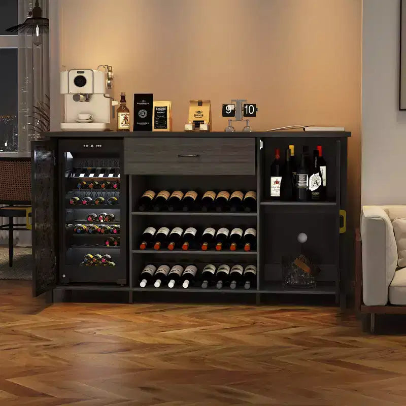 71" Coffee Bar Cabinet with Fridge Space, Wine Rack and Drawers – Black Wood & Metal