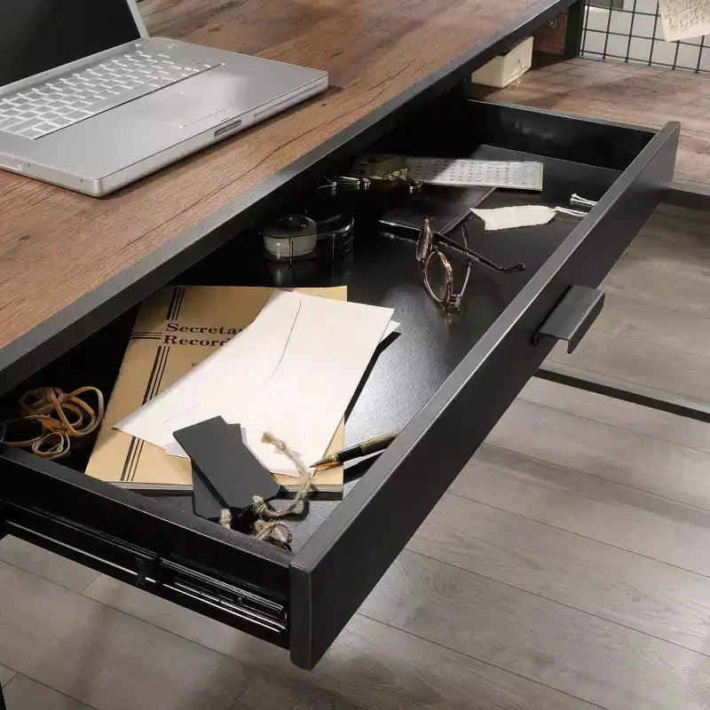 Industrial L-Shaped Desk with 2 Drawers and Shelves