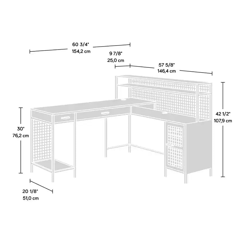 Industrial L-Shaped Desk with 2 Drawers and Shelves