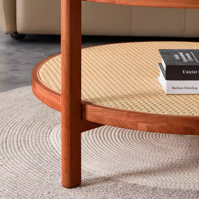 2-Tier Round Coffee Table with Glass Top and Rattan-Style Lower Shelf
