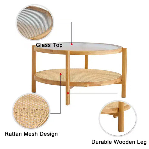 2-Tier Round Coffee Table with Glass Top and Rattan-Style Lower Shelf