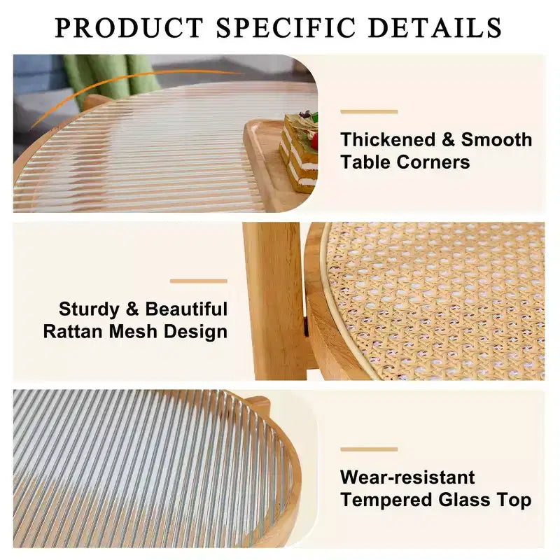 2-Tier Round Coffee Table with Glass Top and Rattan-Style Lower Shelf