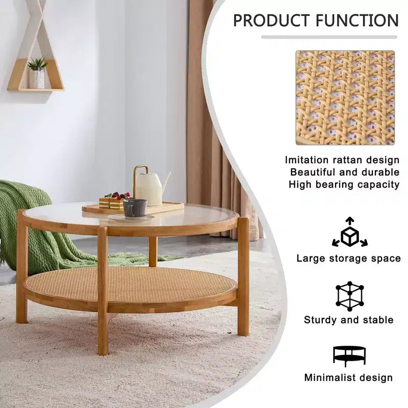 2-Tier Round Coffee Table with Glass Top and Rattan-Style Lower Shelf