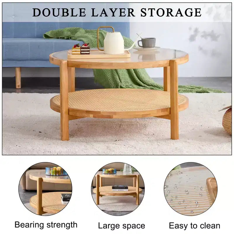 2-Tier Round Coffee Table with Glass Top and Rattan-Style Lower Shelf