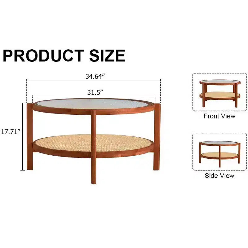2-Tier Round Coffee Table with Glass Top and Rattan-Style Lower Shelf