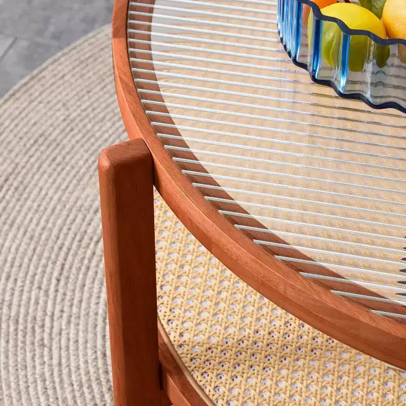 2-Tier Round Coffee Table with Glass Top and Rattan-Style Lower Shelf