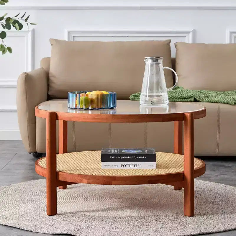 2-Tier Round Coffee Table with Glass Top and Rattan-Style Lower Shelf