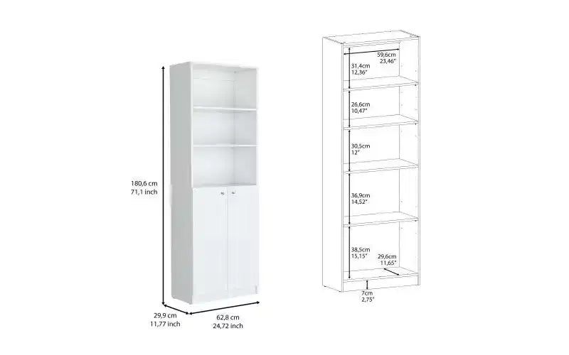 3-Tier Bookshelf with 2 Doors – Open & Closed Storage, Vertical Bookcase