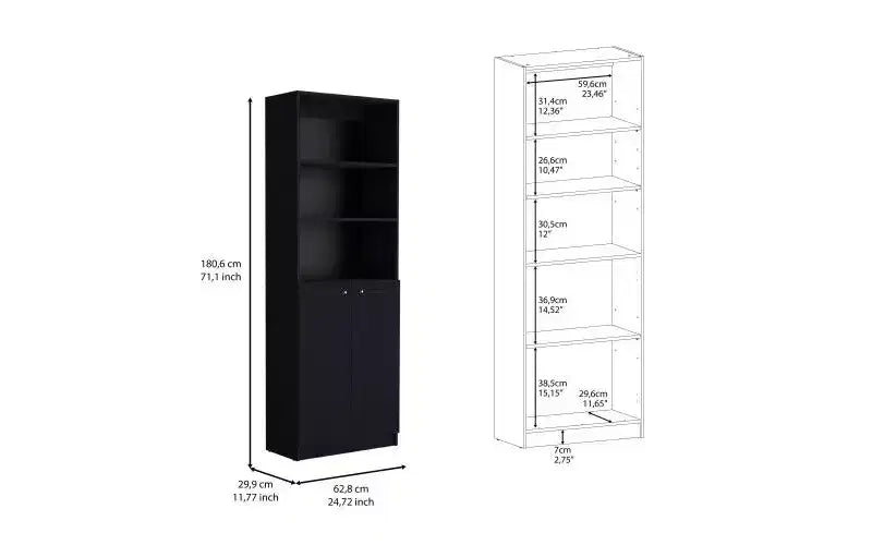 3-Tier Bookshelf with 2 Doors – Open & Closed Storage, Vertical Bookcase